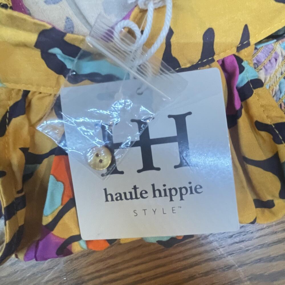 Haute Hippie Shirt Womens XS Yellow Boho Paisley Printed Sleeveless Halter New - Picture 9 of 12
